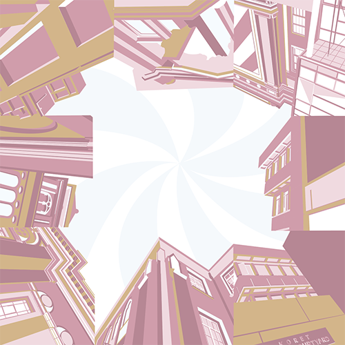 Pink and gold buildings around the borders of the page with a blue swirl in the center