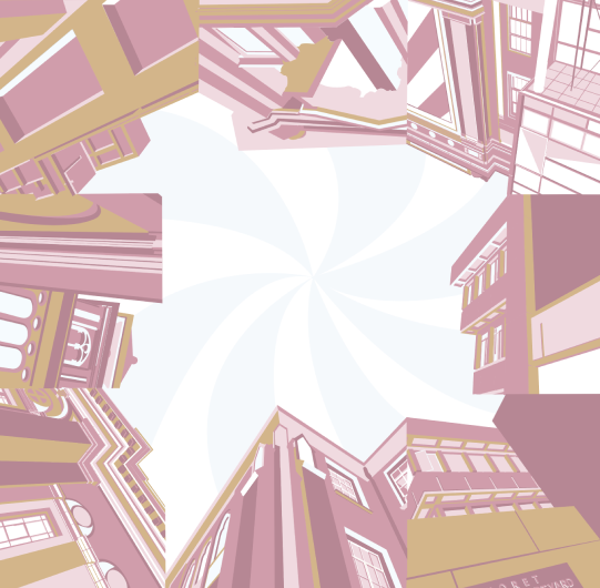 Pink and gold buildings around the borders of the page with a blue swirl in the center