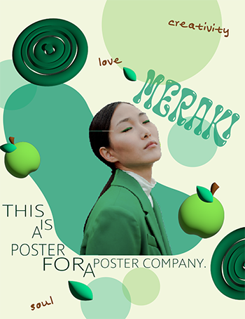 Green poster with a woman in the center and apples floating around the page, reading This is a Poster for a Poster Company.