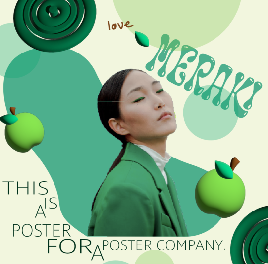 Green poster with a woman in the center and apples floating around the page, reading This is a Poster for a Poster Company.