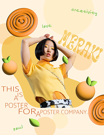 Orange poster with a woman in the center and oranges floating around the page, reading This is a Poster for a Poster Company.